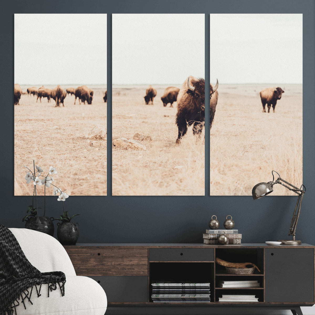 Bison Herd Wall Art Canvas Print, Framed Western Prairie Serenity