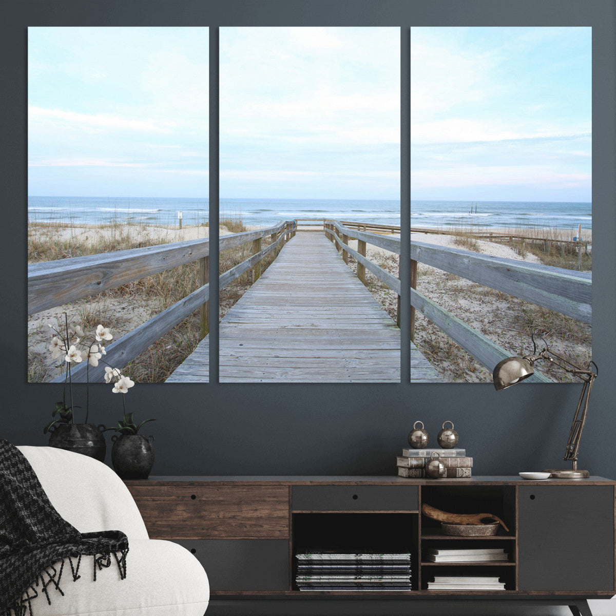 Beach Boardwalk Wall Art Canvas Print, Framed Coastal Serenity Ocean View
