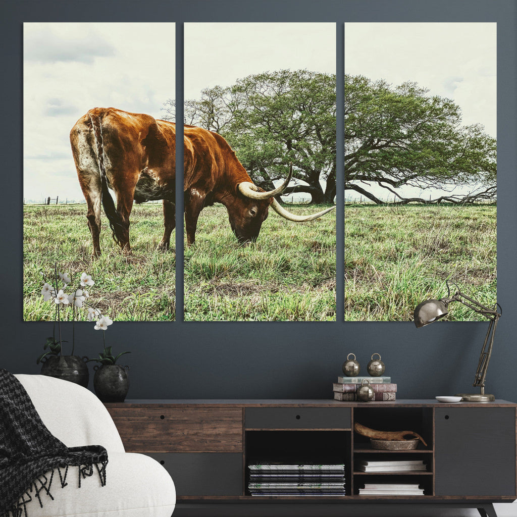 Texas Longhorn Wall Art Canvas Print, Rustic Western Ranch