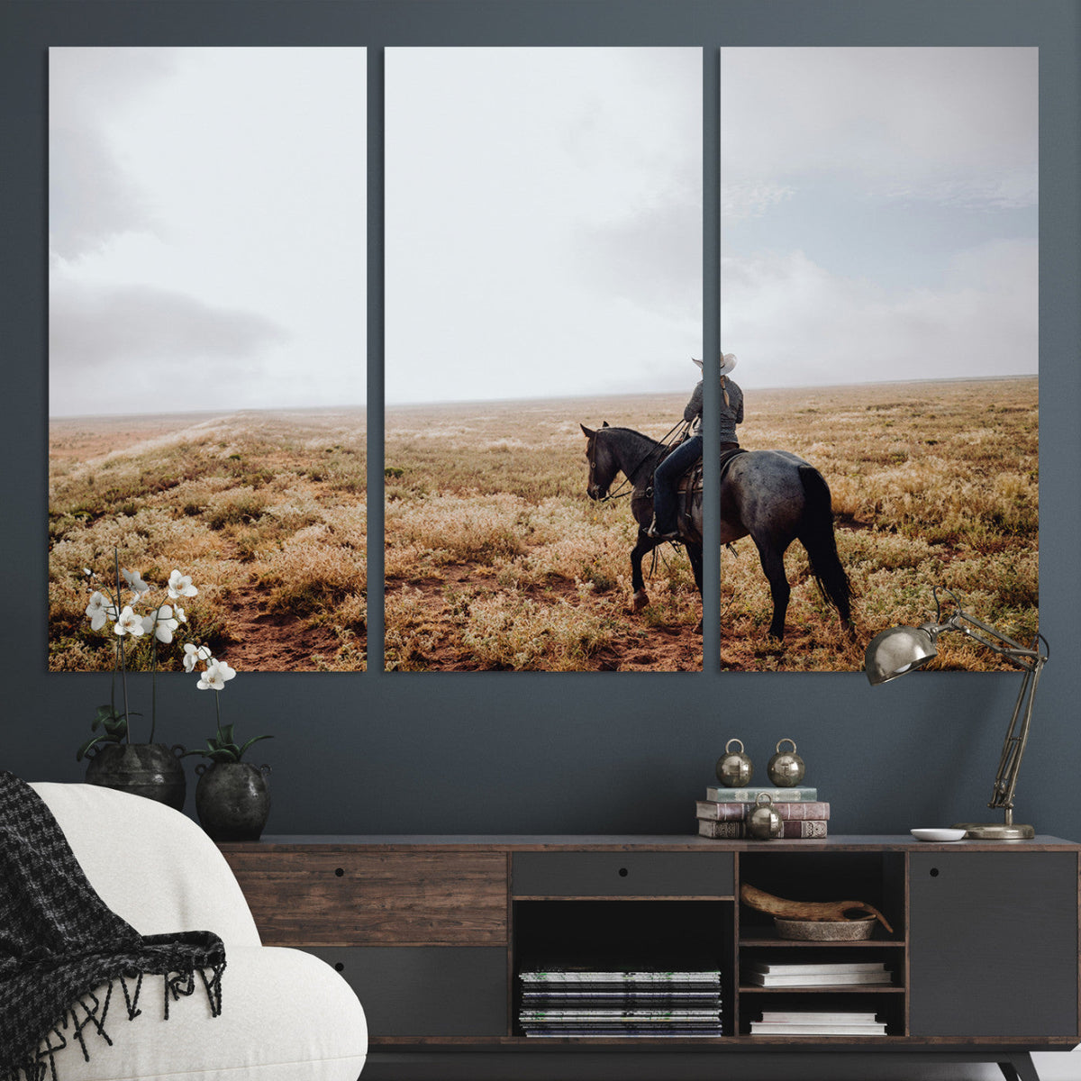 Cowboy Wall Art Canvas Print, Framed Western Rustic Ranch Scene