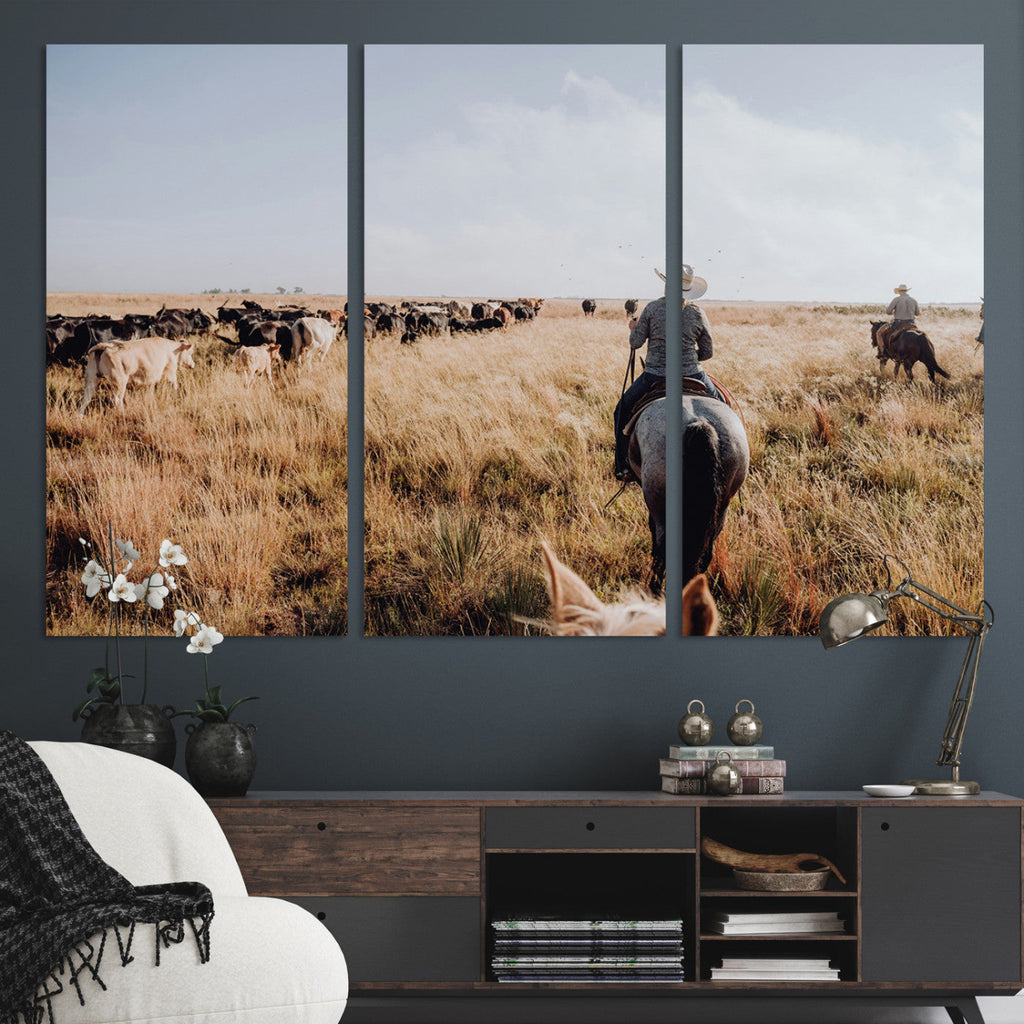 Western Wall Art Canvas Print, Framed Cowboy Cattle Drive Scene