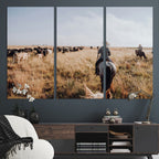 Western Wall Art Canvas Print, Framed Cowboy Cattle Drive Scene