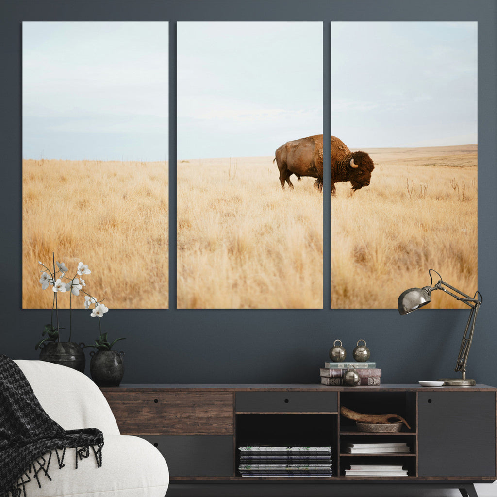 Buffalo Wall Art Canvas Print, Framed Western Wildlife Rustic Prairie Scene