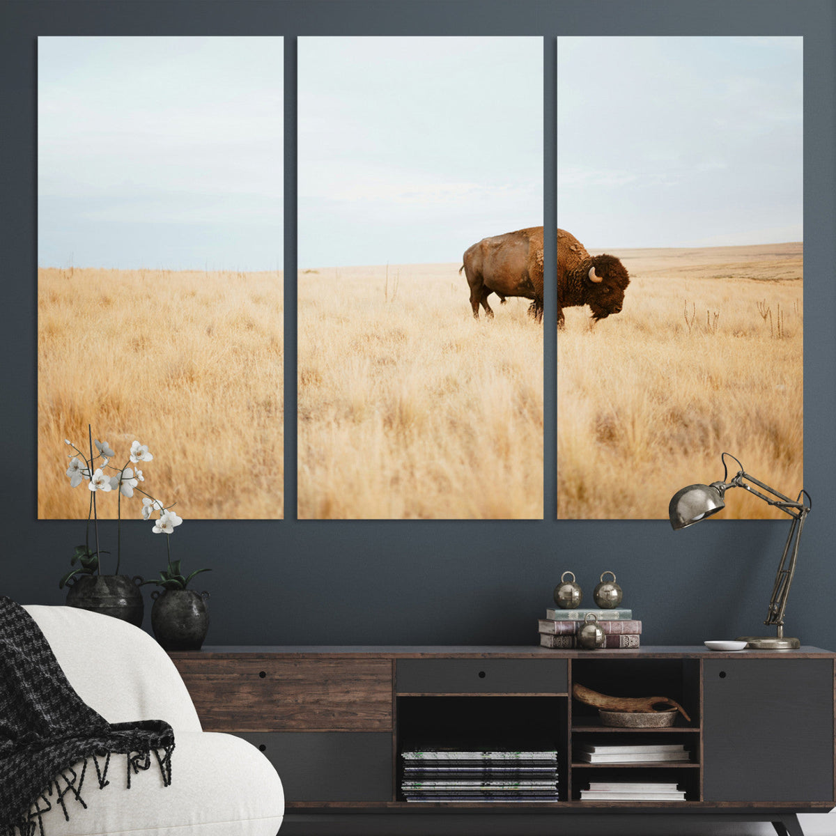 Buffalo Wall Art Canvas Print, Framed Western Wildlife Rustic Prairie Scene