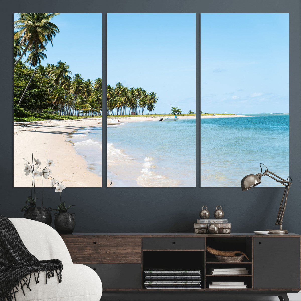 Palm Tree Coast Wall Art Canvas Print, Framed Island Getaway with Crystal Blue Water