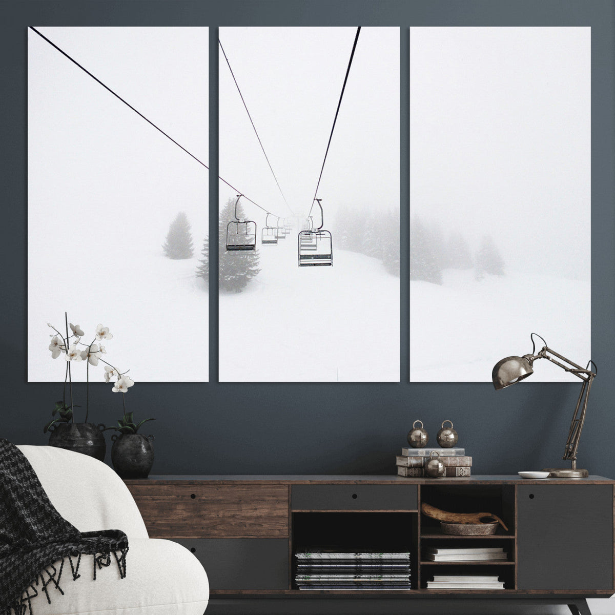 Ski Lift Wall Art Canvas Print, Framed Snowy Landscape Art, Alpine Adventure Nordic Minimalist Decor