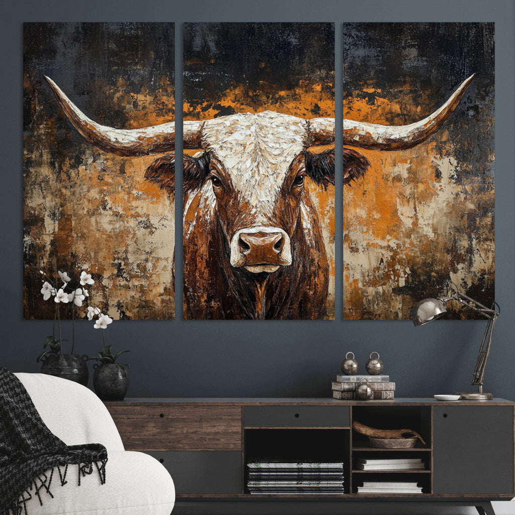 Abstract Longhorn Bull Wall Art Canvas Print, Vintage Western Texas Steer Artwork