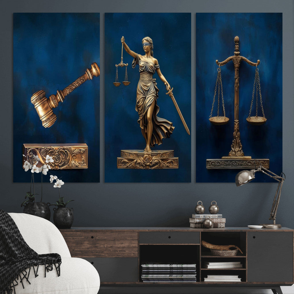 Lady Justice Wall Art Canvas Print, Elegant Gold Legal Symbols on Blue, Law Office Decor