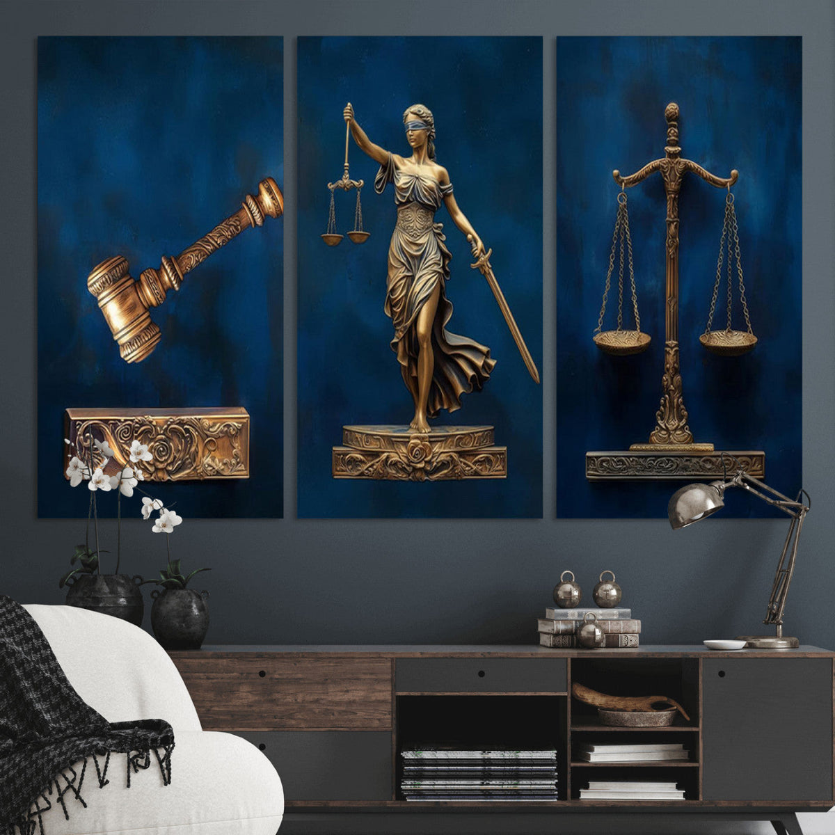 Lady Justice Wall Art Canvas Print, Elegant Gold Legal Symbols on Blue, Law Office Decor