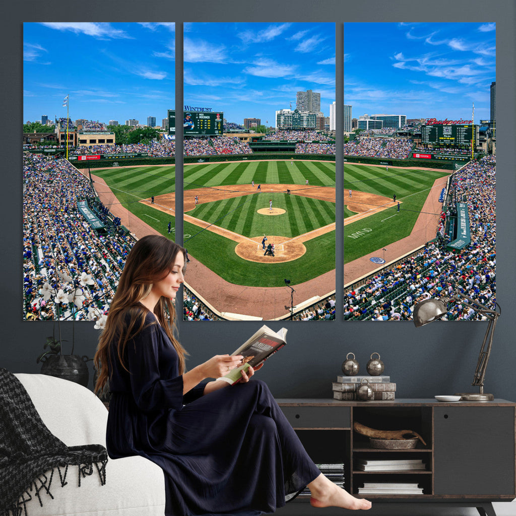 Wrigley Field Baseball Stadium Canvas Wall Art, Packed Crowd and Chicago Skyline