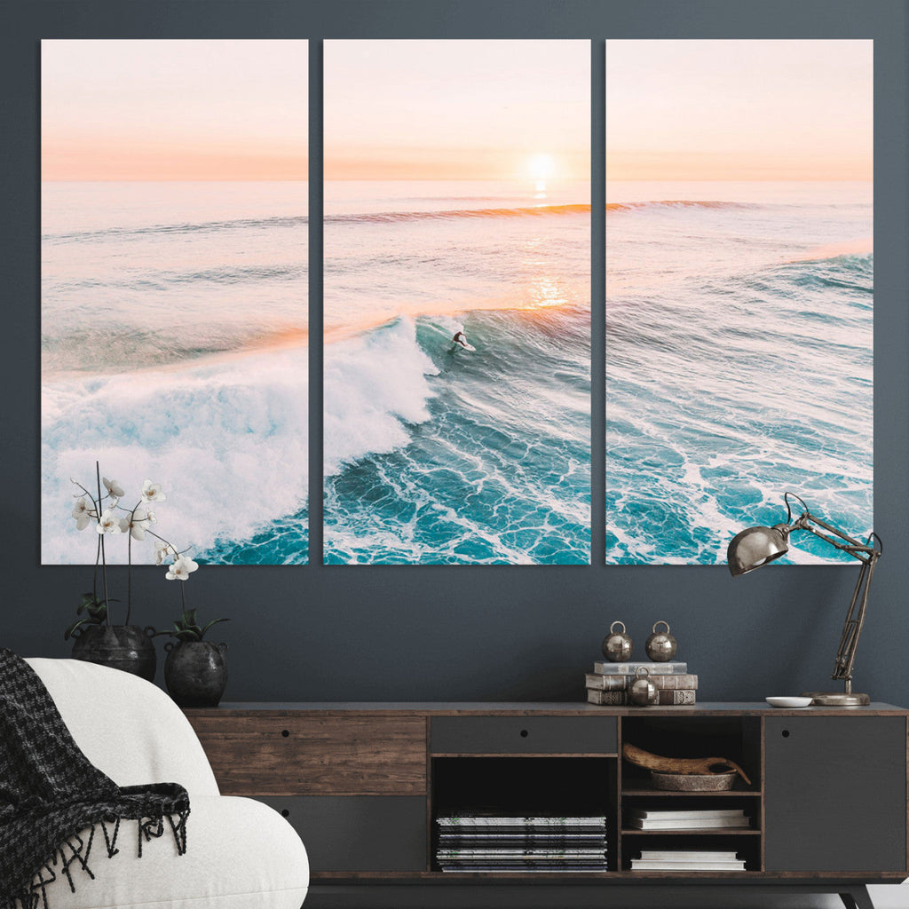 Sunset Surfing Wall Art Canvas Print, Ocean Wave Surfer with Golden Sky