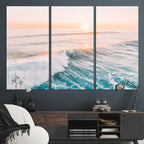 Sunset Surfing Wall Art Canvas Print, Ocean Wave Surfer with Golden Sky