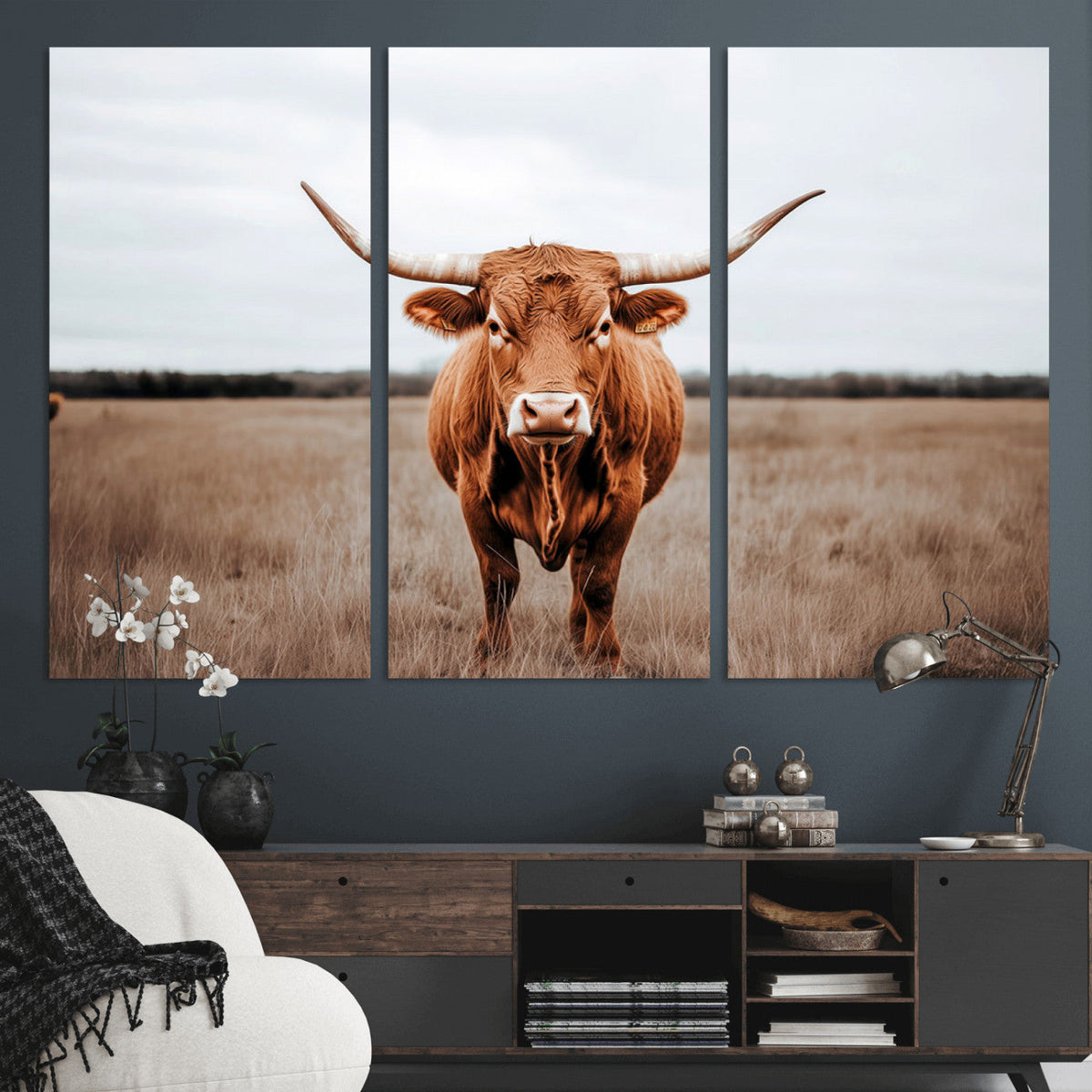 Longhorn Bull Wall Art Canvas Print, Framed Rustic Decor