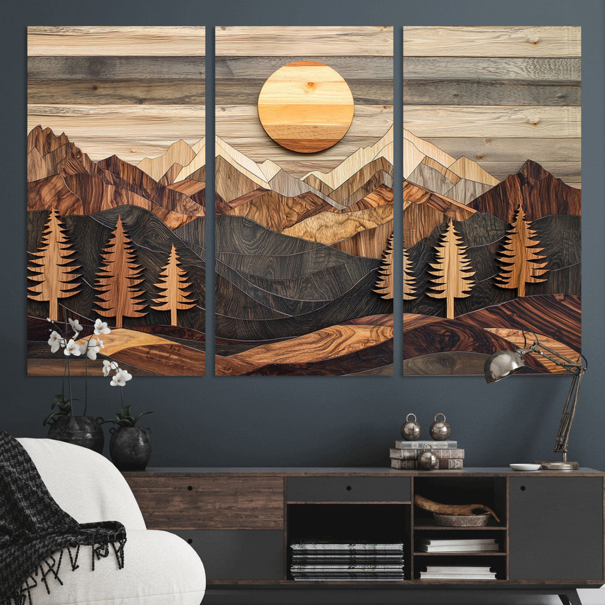 Wooden Mountain Layers Art | Rustic Pine Tree Landscape