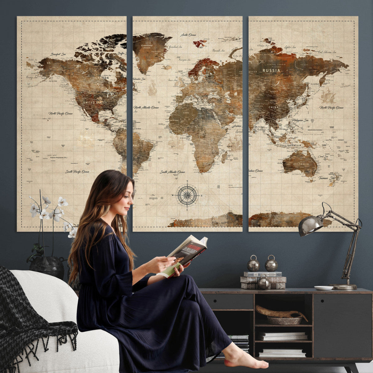 Vibrant Earth Tone World Map Canvas Print | Framed Detailed Map of the World
