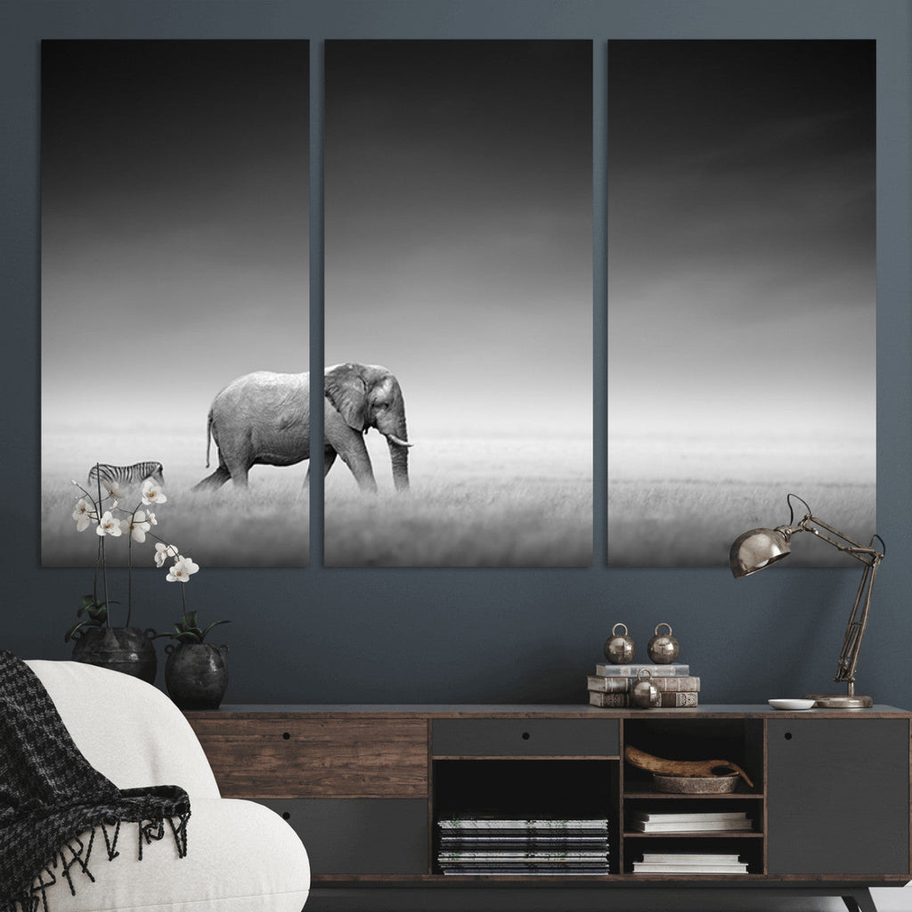 Elephant and Zebra Wall Art Canvas Print, Modern Artwork