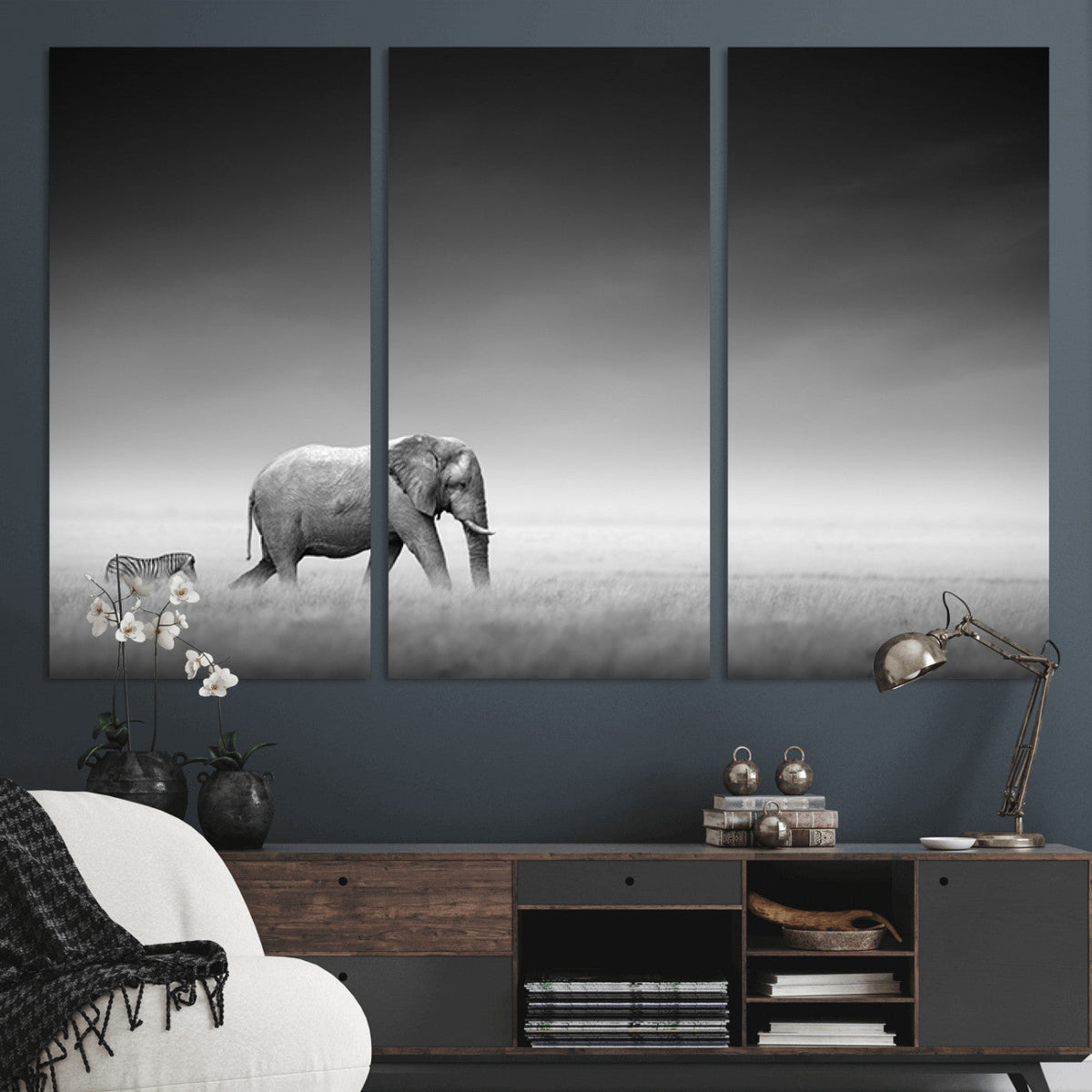 Elephant and Zebra Wall Art Canvas Print, Modern Artwork