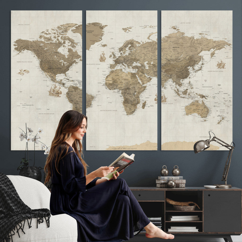 Detailed World Map Wall Art Canvas Print