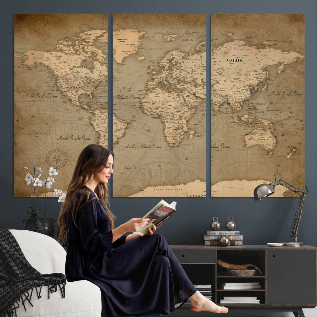 Dark World Map Canvas Print | Framed Travel Map Wall Art
