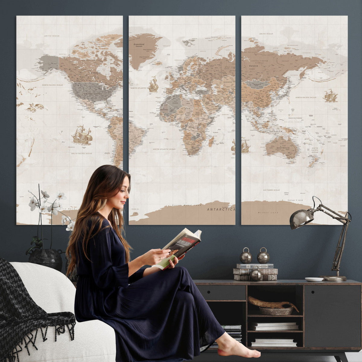 Framed Large World Map Canvas Print for Office Decor