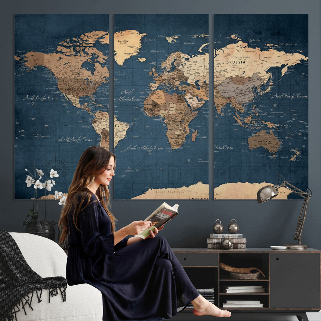 Navy Blue World Map Canvas Print | Framed Travel Map Wall Art