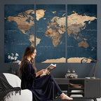 Navy Blue World Map Canvas Print | Framed Travel Map Wall Art