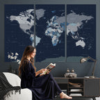 Blue Detailed World Map Wall Art Canvas Print | Modern Framed Map