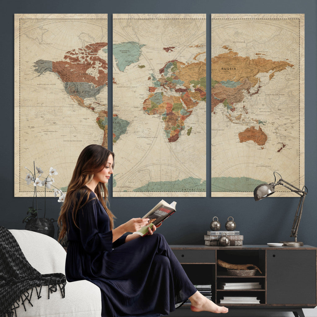 Vintage World Map Canvas Wall Art Print | Framed Modern World Map