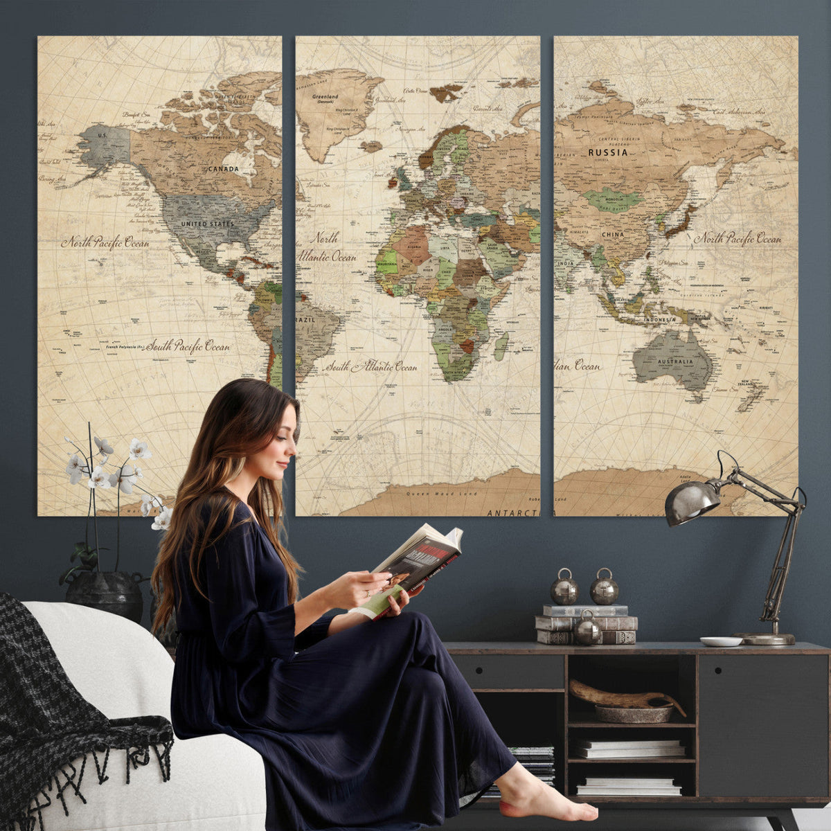 Framed World Map Wall Art for Home and Office Decor