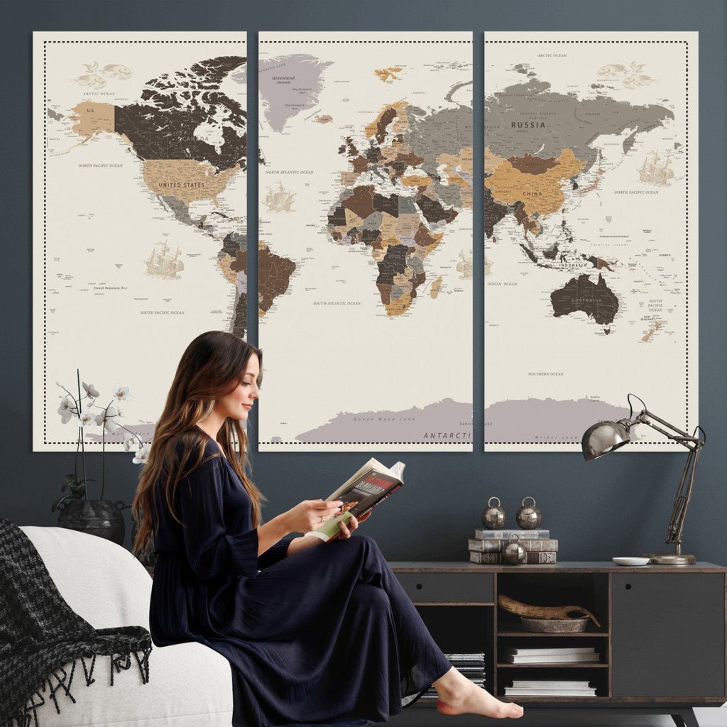 Custom Beige Modern Push Pin World Map Canvas Print, Places Visited Tracker, Bedroom and Study Decor