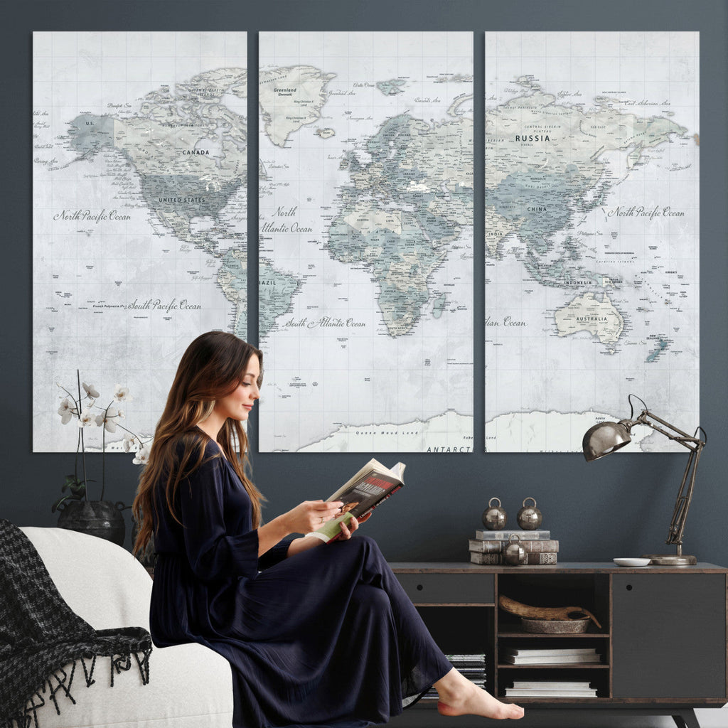 Push Pin World Map Canvas Print - Detailed Vintage World Map