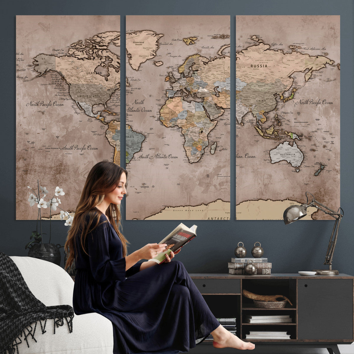 Grunge World Map Canvas Wall Art - Vintage Aged World Map with Golden Tones