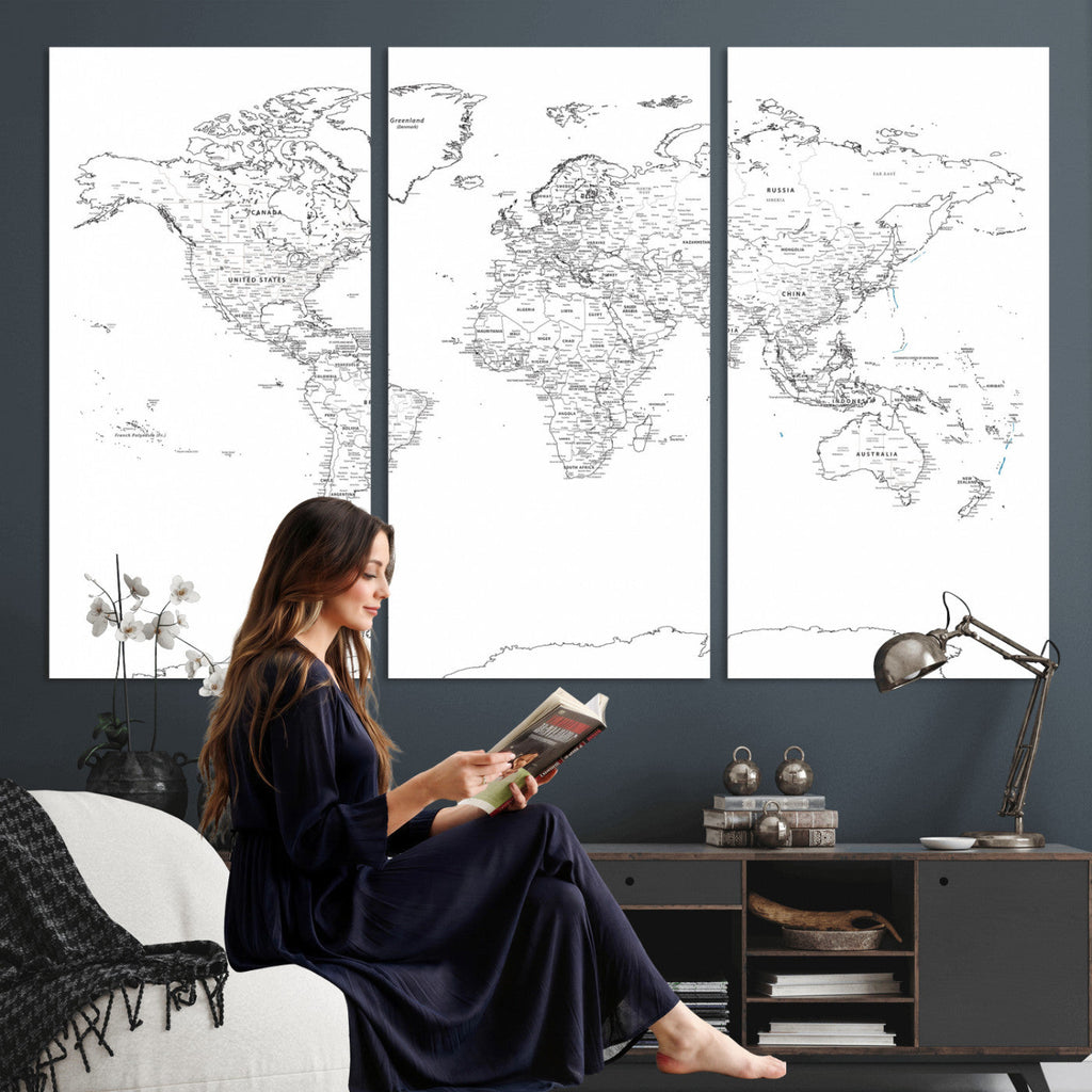 World Map Canvas Print, Framed Modern Detailed Map of the World for Home or Office