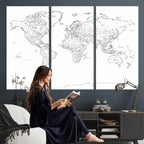 World Map Canvas Print, Framed Modern Detailed Map of the World for Home or Office