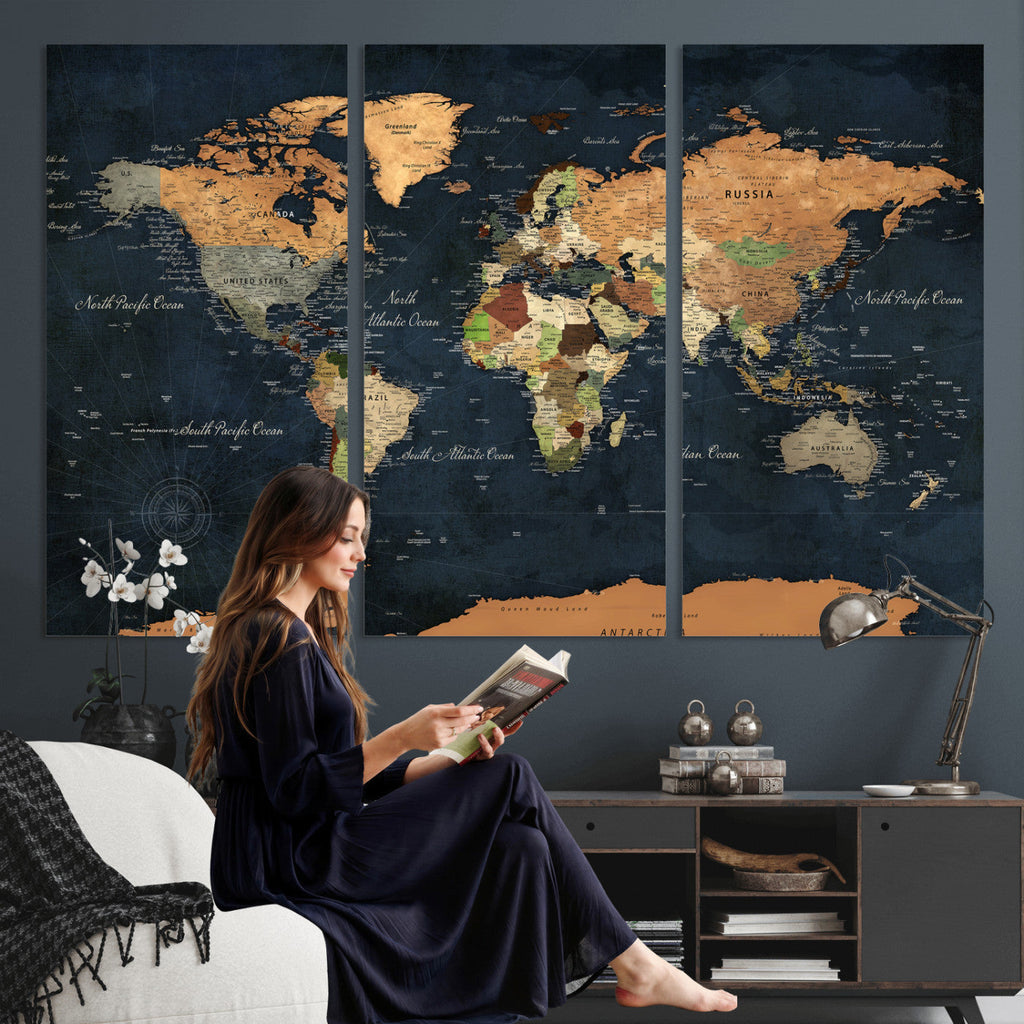 Vintage World Map Canvas Wall Art | Detailed Map with Countries, Oceans and Continents