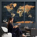 Vintage World Map Canvas Wall Art | Detailed Map with Countries, Oceans and Continents
