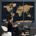 Vintage World Map Earth Globe Countries Oceans Continents