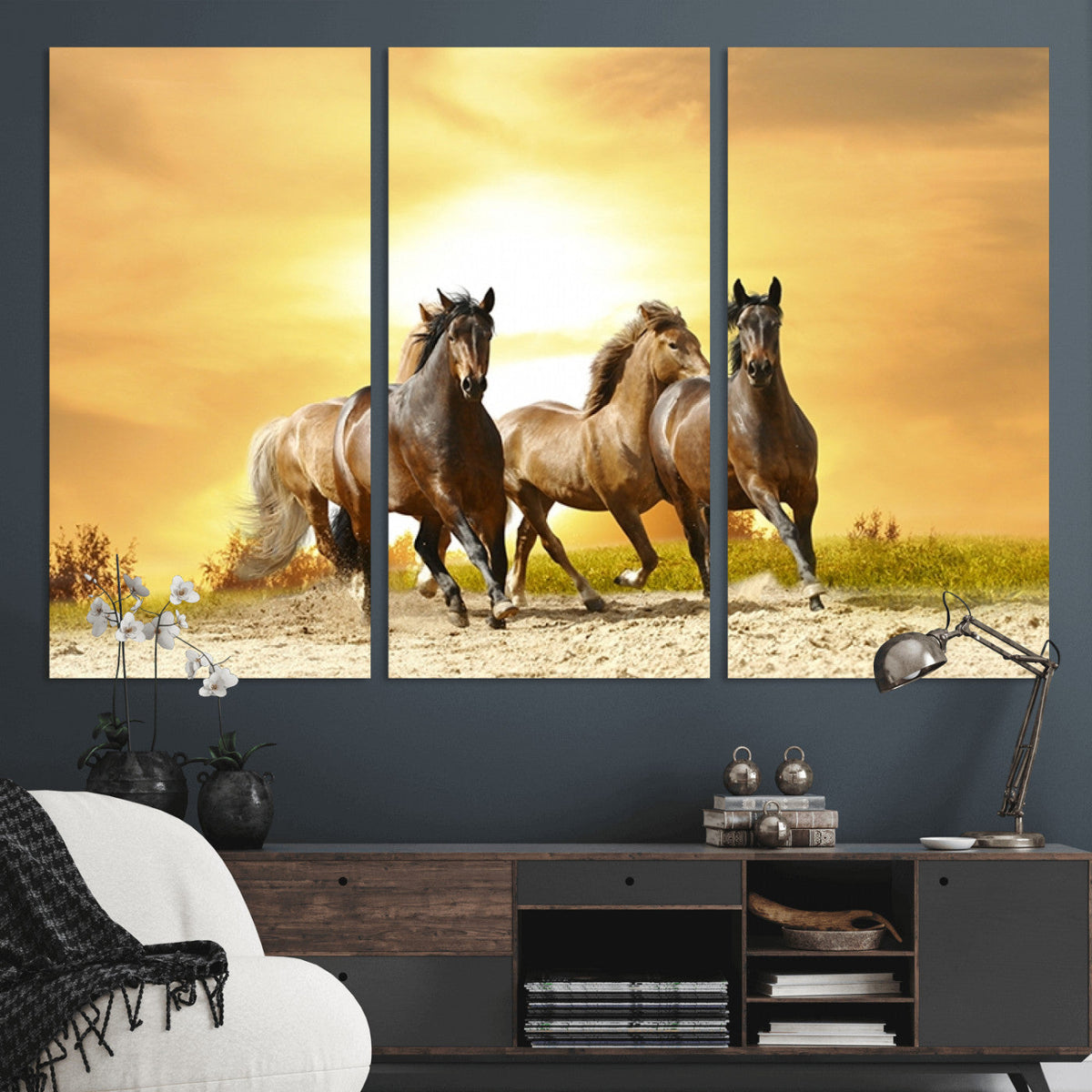 Wild Horses Wall Art Canvas Print, Framed Galloping Herd