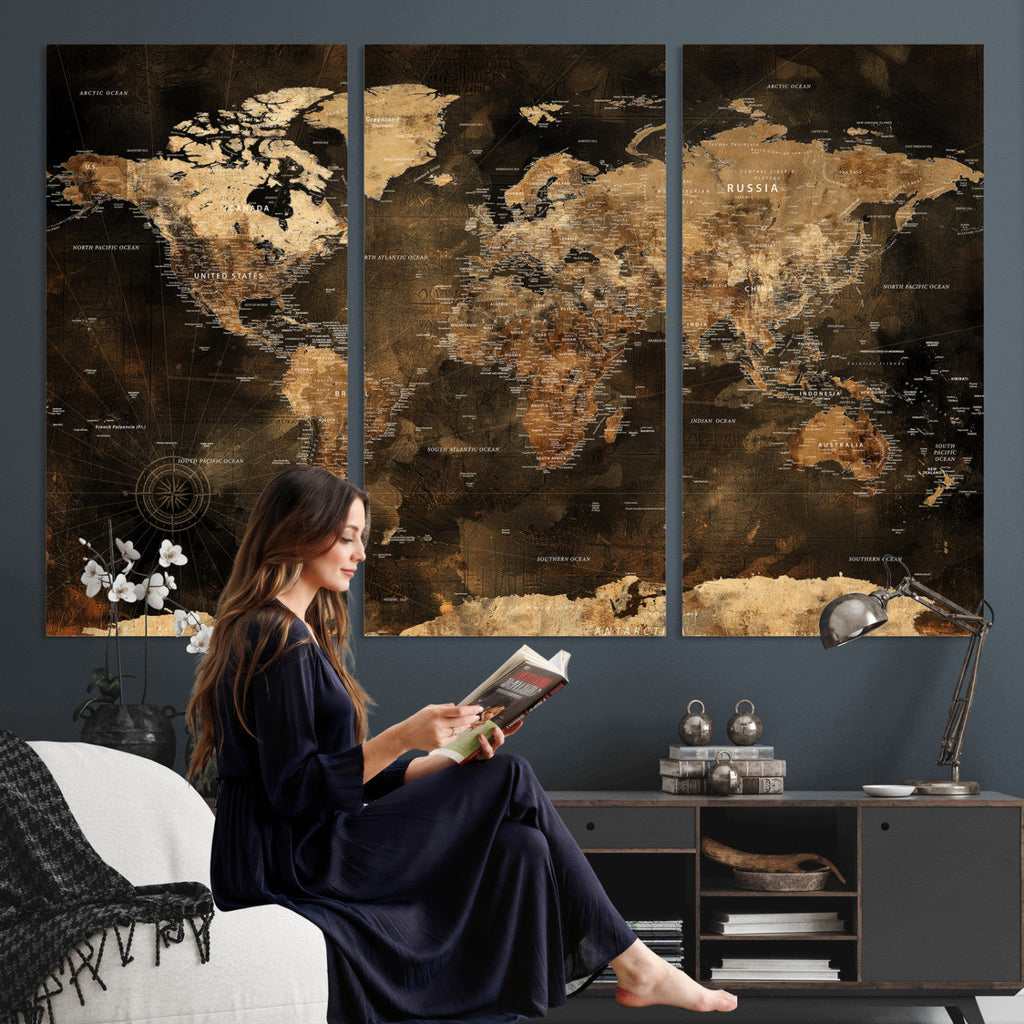 World Map Canvas Print, Modern Decorative Framed Map Artwork