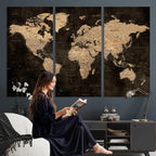 Brown World Map Canvas Print | Modern Travel Map Wall Art