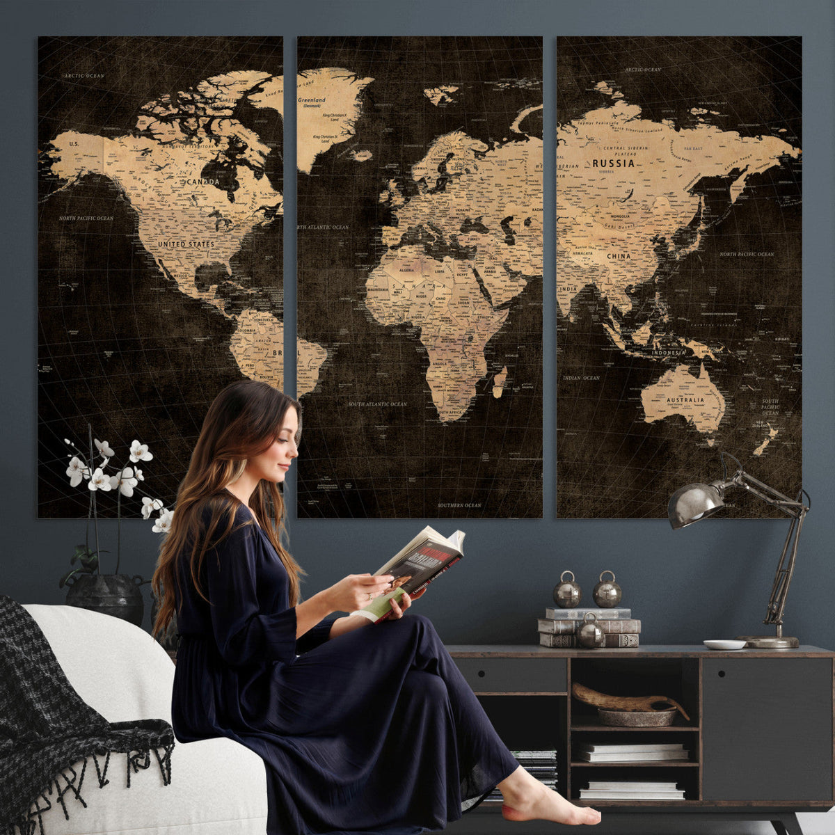 Brown World Map Canvas Print | Modern Travel Map Wall Art