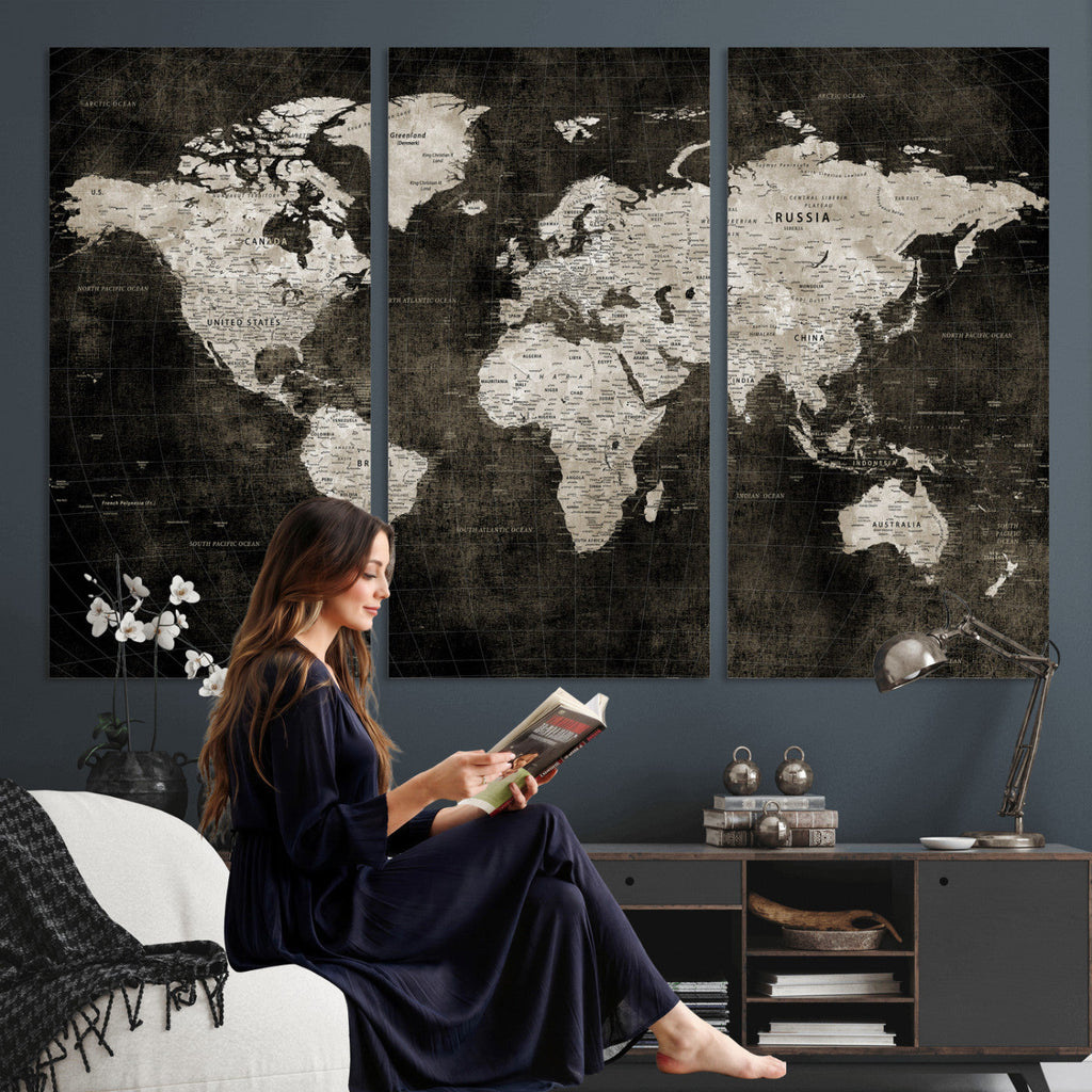 Vintage World Map Wall Art Canvas Print | Framed Large Map Wall Art