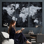 Black World Map Canvas Print | Detailed Map for Couples and Anniversary Gift
