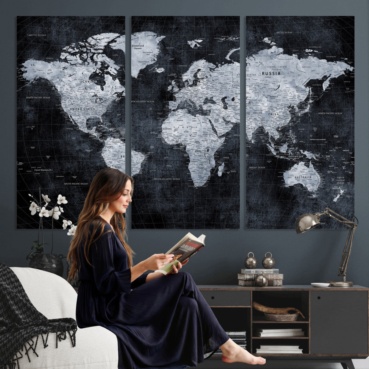 Black World Map Canvas Print | Detailed Map for Couples and Anniversary Gift