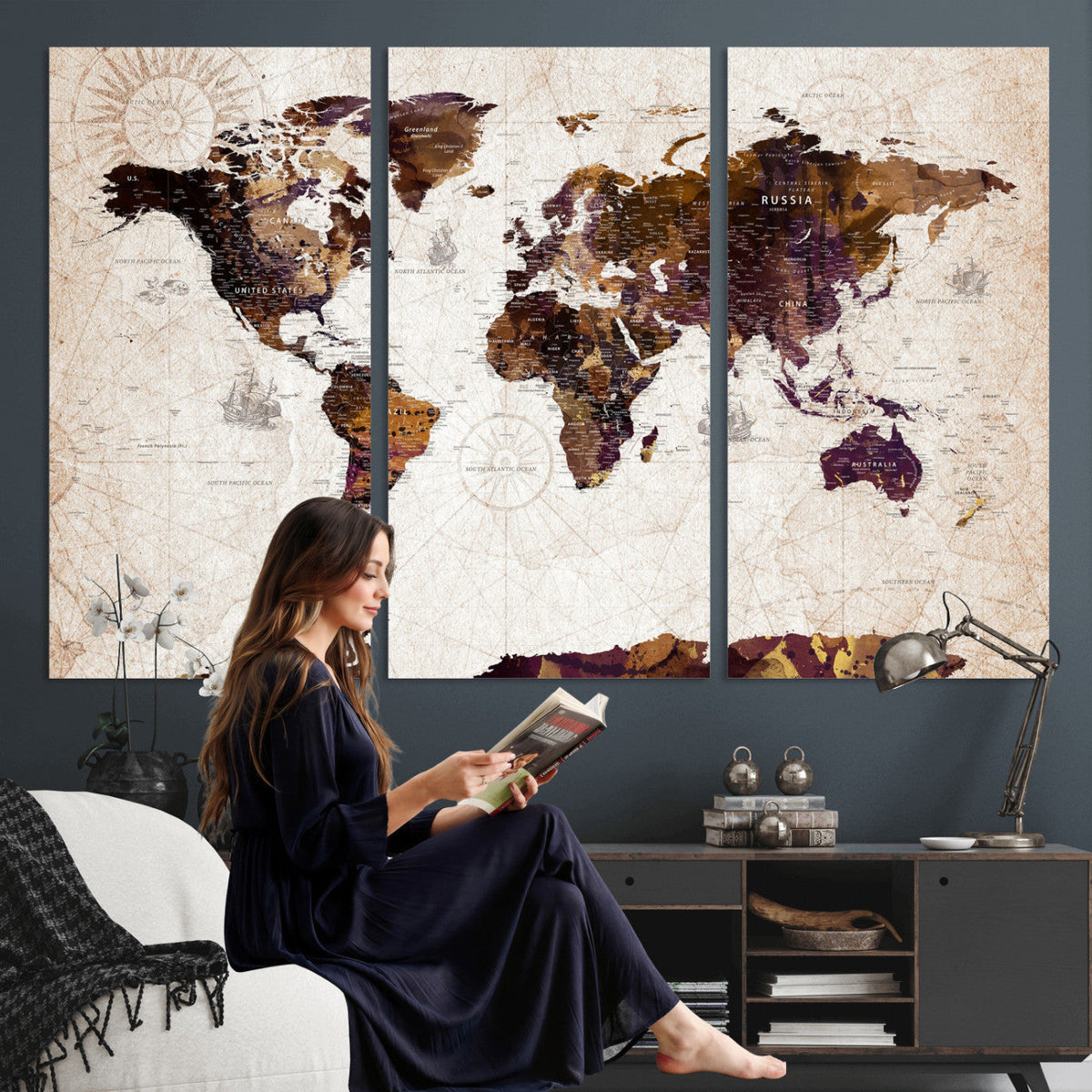 Blue Watercolor World Map Canvas Print | Framed Modern Wall Art