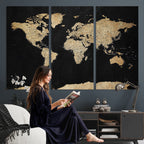 Beige World Map Canvas Wall Art Print, Minimal Black and Beige Map