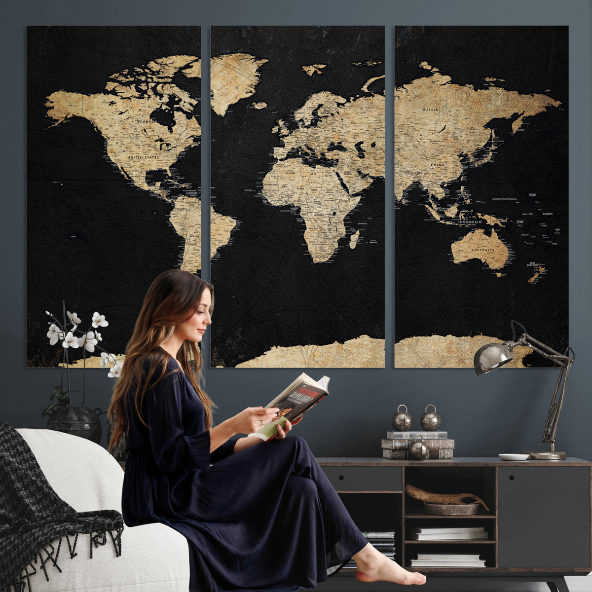 Beige World Map Canvas Wall Art Print, Minimal Black and Beige Map