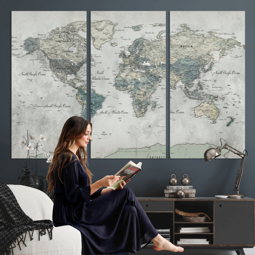 Neutral Vintage World Map Canvas Wall Art Print, Classic Map Artwork