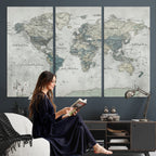 Neutral Vintage World Map Canvas Wall Art Print, Classic Map Artwork