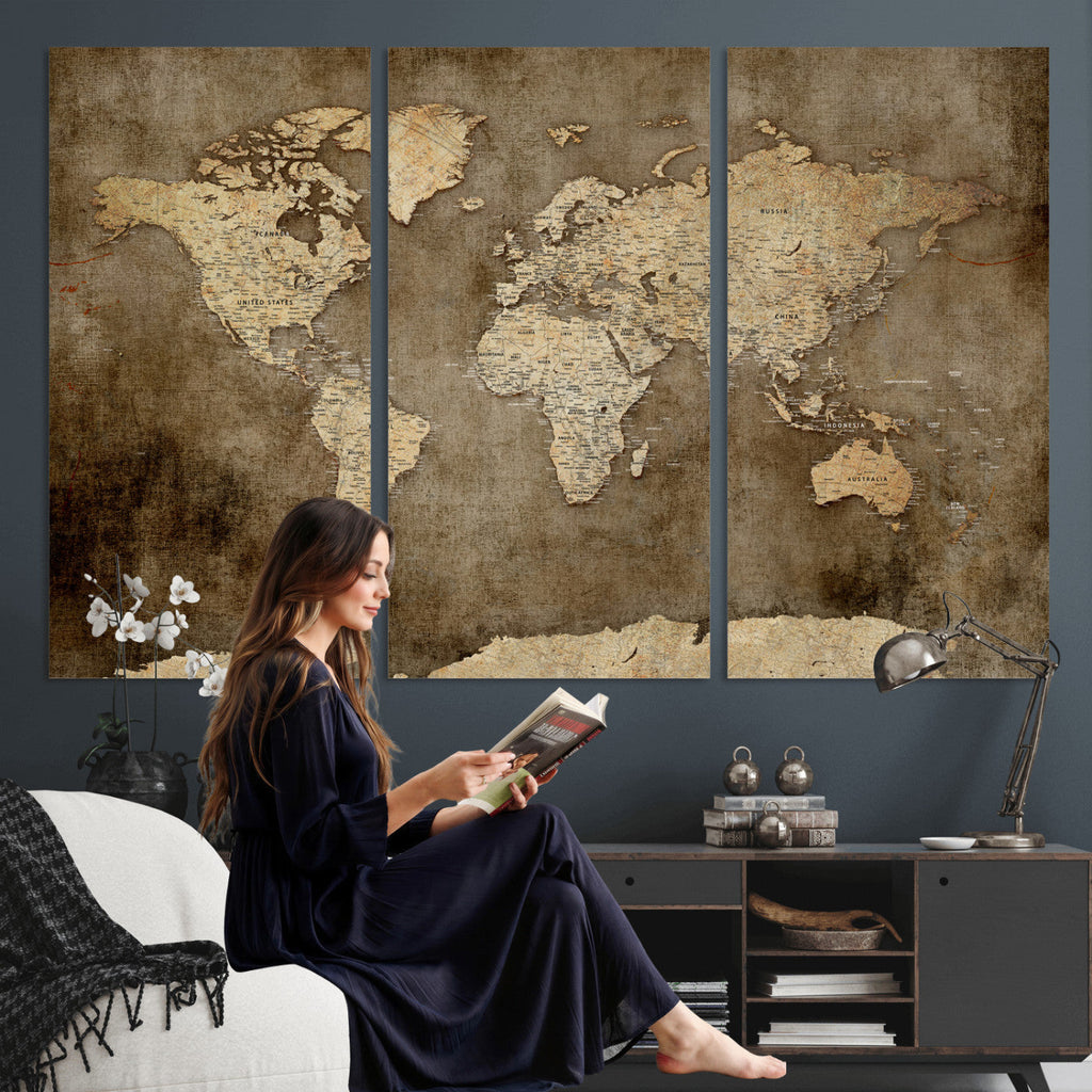 Dark Vintage World Map Canvas Wall Art Print, Antique Map Artwork